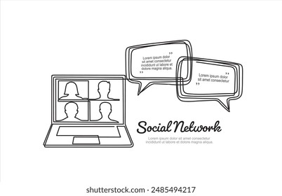 Red social. Video Dibujo continuo de una línea de portátil con personas en pantalla y burbujas de voz. Aprender o reunirse en línea con teleconferencia,	