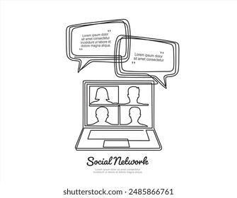 Social network. Continuous one line drawing of laptop with people on screen and speech bubbles. learning or meeting online with teleconference, video conference remote working , work from home.	
