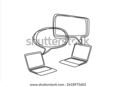 Social network. Continuous one line drawing of laptop and speech bubbles. learning or meeting online with teleconference, video conference remote working , work from home. Editable stroke.