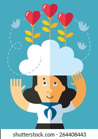 Social network dating. businesswoman with had in cloud with heart growing. Flat vector illustration