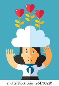 Social network dating. businesswoman with had in cloud with heart growing. Flat vector illustration