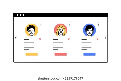 Social network design for pc. Avatars and text of profiles of men and women. Choice of freelancers or employees on site. Igninterface for program for romantic dates. Cartoon flat vector illustration