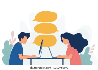 social network discussion with bubble speech words, chat long distance relationship concept