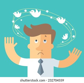 Social network dizziness. business metaphor illustration. business man with flying bird around his head.