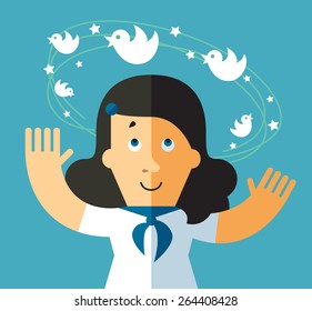 Social Network Dizziness. Business Metaphor Illustration. Business Woman With Flying Bird Around His Head.