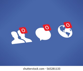 Social network (Facebook, VKontakte, Twitter) icons: Friends, Messages (Chats, Comments), Notifications (News) and zero messages symbol. Digital lifestyle, Loneliness, Internet solitude concepts.