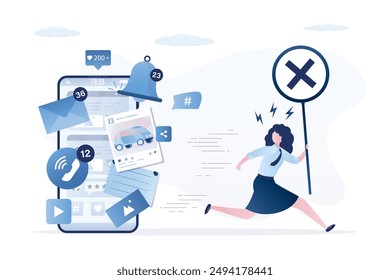 Social network fatigue, addiction. Young woman running away mobile phone.  Stop sharing and using media content, apps and notifications on smartphone screen. Dependence on gadgets. Digital detox. 