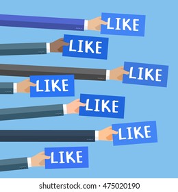 Social network feedback concept. People holding sign boards with the word Like. A lot of hands hold placards. Flat design, vector illustration.