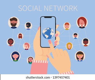 Social network. Female hands holding a phone with the image of the planet. Girl uses the Internet to communicate with friends around the world