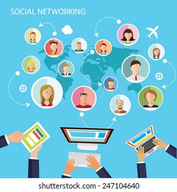 Social network flat design illustration blue background