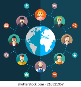 Social network flat illustration with avatars earth