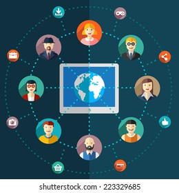 Social network flat illustration with avatars earth