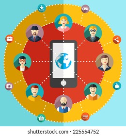 Social network flat illustration with avatars earth mobile phone