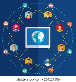 Social network flat illustration with avatars earth