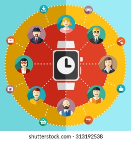 Social network flat illustration watch avatars earth