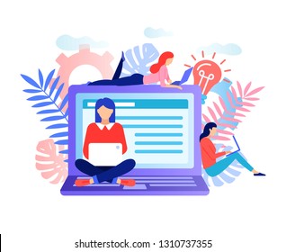 Social network, freelancer concept. Big laptop with girls. Girls blogger work in social media. Girls designers application Flat style character vector illustration isolated on white background.