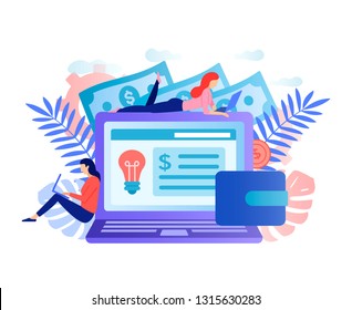 Social network, freelancer concept. Big laptop with girls. Girls blogger work in social media. Girls designers application. Female freelancers make money online. Virtual money vector flat concept.