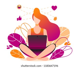 Social network, freelancer concept. Girl sitting on the floor and working on laptop in flat style