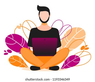 Social network, freelancer concept. Man sitting on the floor and working on laptop in flat style