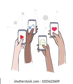 Social Network - Friends Interacting on Social Media
Women using different social platforms. Hands holding smartphones with social network apps icons. Online communication and connection.