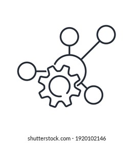 Social network and gear. Interactive collaboration. Vector linear icon isolated on white background.