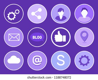 Social network gears isolated icons set, rounded signs of message and thumb up vector. Profile of people, location and dollar, blog and cloud symbols