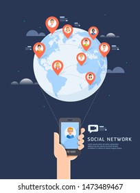 Social network global communication flat vector illustration.