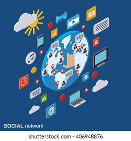 Social network, global communications, live chat flat isometric vector concept illustration.