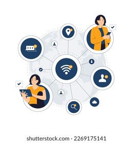 Social network global connection, world business communication, worldwide community cooperation and teamwork using internet connection concept illustration