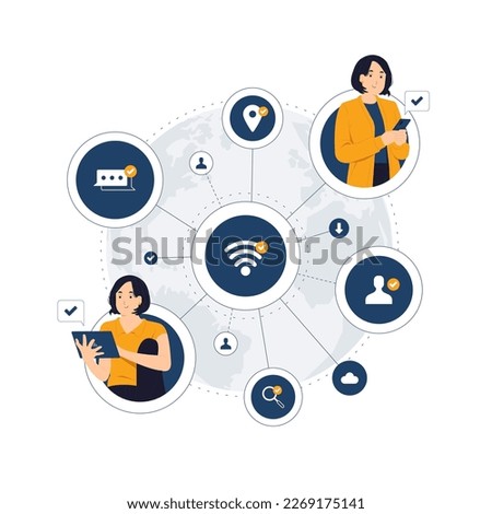 Social network global connection, world business communication, worldwide community cooperation and teamwork using internet connection concept illustration