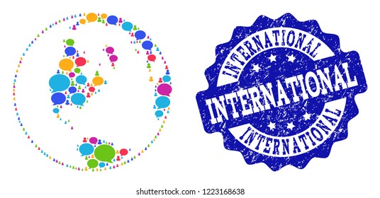 Social network global map of world and blue scratched stamp seal. Mosaic global map of world is formed with forum bubbles. Abstract design elements for social network applications.