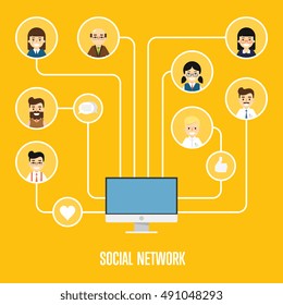 Social network. Global people communication. Globally connected man and woman friend or colleague. Abstract social network map scheme with user avatar icon connecting with computer vector illustration