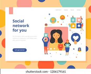 Social network groups people communication channels platforms   information sharing flat start web page composition banner vector illustration