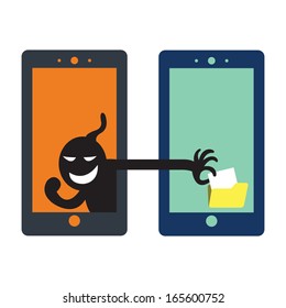 Social network hacker stealing data from file folder, criminal on smart phone. 