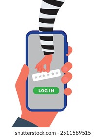 Hacker de rede social roubando senha da tela do smartphone ilustração de estoque