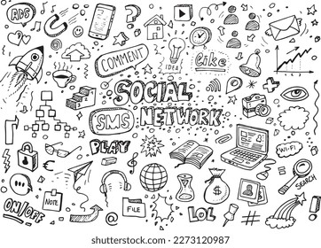 Social network hand drawn doodles, vector illustration on white background