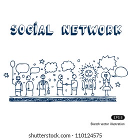 Social network. Hand drawn sketch illustration isolated on white background