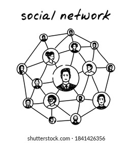 Social network handdrawn illustration. Cartoon vector clip art of a global social networking concept with scheme of connections and data exchanges. Black and white sketch of people portraits connected