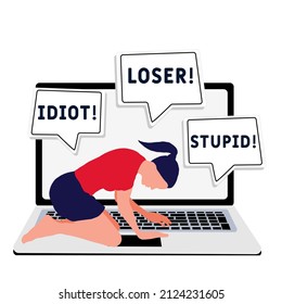 social network harassment concept. Help to stop cyberbullying concept with girl.  Cyberbullying in social networks illustration.