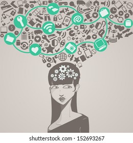 social network head with several icons