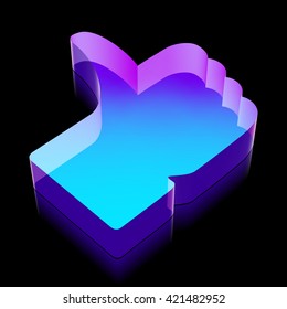 Social network icon: 3d neon glowing Thumb Up made of glass with reflection on Black background, EPS 10 vector illustration.