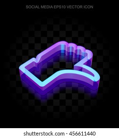 Social network icon: 3d neon glowing Thumb Down made of glass with transparent shadow on black background, EPS 10 vector illustration.