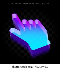 Social network icon: 3d neon glowing Mouse Cursor made of glass with transparent shadow on black background, EPS 10 vector illustration.