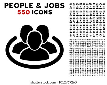 Social Network icon with 550 bonus pitiful and glad jobs pictographs. Vector illustration style is flat black iconic symbols.