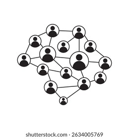 Social network icon in black and white showing a connected structure of people silhouettes linked in circular pattern, ideal for digital communication, online community and web design themes