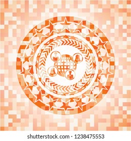 social network icon inside abstract orange mosaic emblem with background