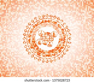 social network icon inside abstract emblem, orange mosaic background