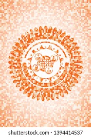 social network icon inside abstract emblem, orange mosaic background