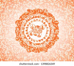social network icon inside abstract emblem, orange mosaic background