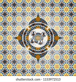 social network icon inside arabic badge. Arabesque decoration.